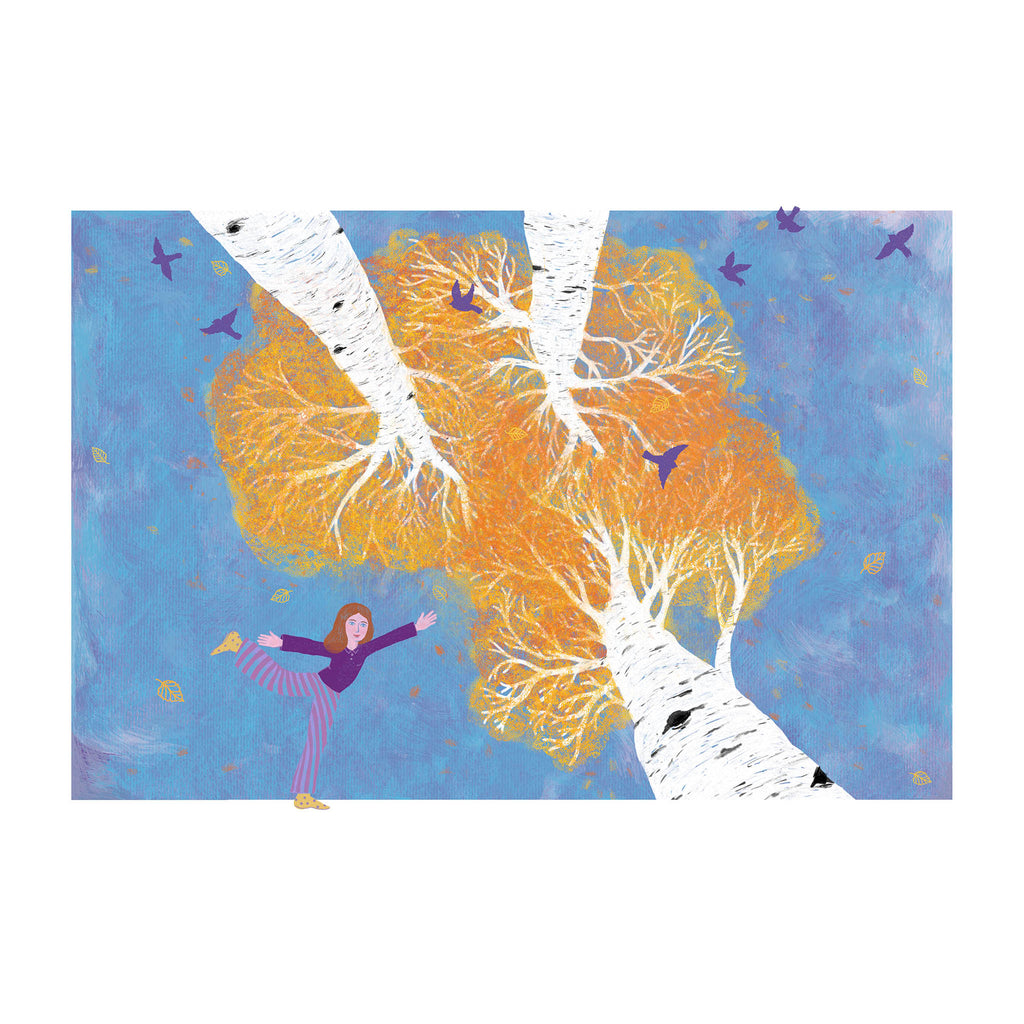 art print Autumn shows birches and birds in thw wind in thw wind 
