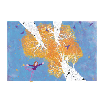 art print Autumn shows birches and birds in thw wind in thw wind 