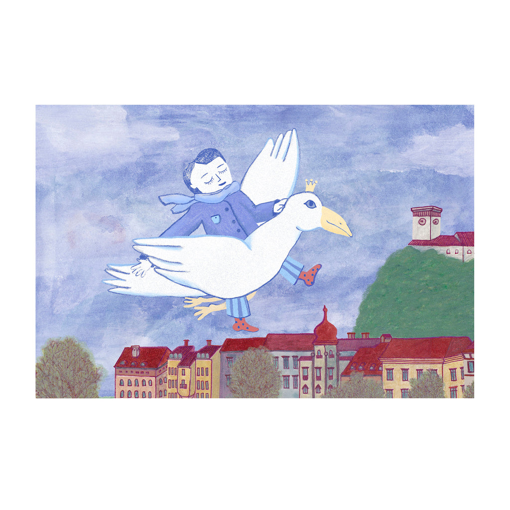art print Boy and the Queen Bird are flying over city Ljubljana